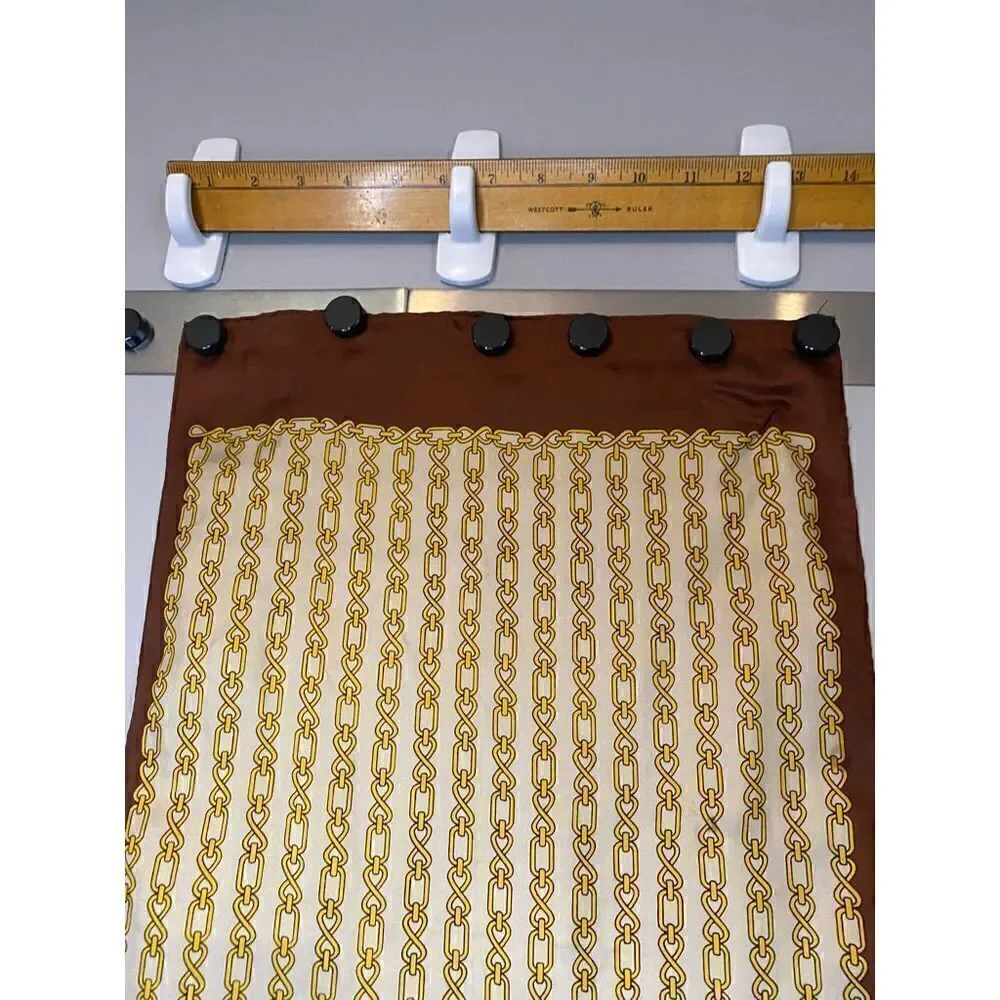 Glentex long silk scarf white brown trim gold chain pattern vintage